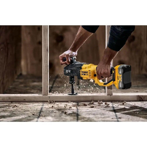 Boss Level 20V Max Brushless Compact Stud And Joist Drill With No Sweat Quick Change Chuck drilling through wood beams on job site.