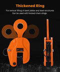 Front view of orange BEAMNOVA 2-ton vertical plate lifting clamp for steel plates with thickened ring.