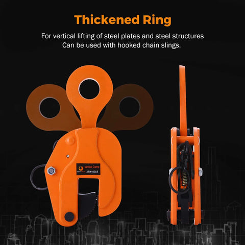 Front view of orange BEAMNOVA 2-ton vertical plate lifting clamp for steel plates with thickened ring.