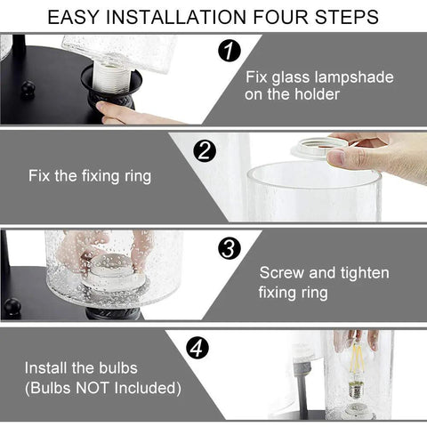 Installation steps for Semi Flush Mount Ceiling Light With Farmhouse Vibe And Seeded Glass, showing fixing ring and bulb installation.