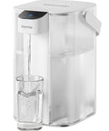 Electric Water Filter Pitcher With Rechargeable Instant Dispenser, slashing impurities, 15-cup capacity, white, dispensing water into glass.