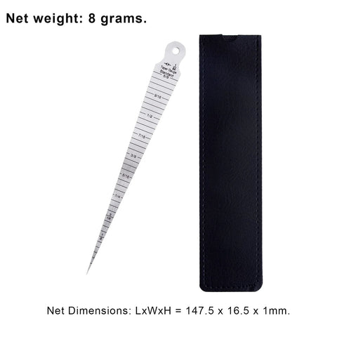 Front view: taper gauge with metric 1–15 mm and imperial 1/64–5/8 in scales beside a black leather sleeve.