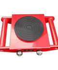 Top view of red Heavy Duty Machinery Moving Dolly With Steel Wheels For Industrial Equipment, 360 Degree Rotating Turntable.