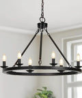 Solid Black Farmhouse Chandelier Fire Wagon Wheel Pendant Light Top Shelf Six Light Ceiling Fixture Top Tier Rustic Hanging Lamp in modern dining space.