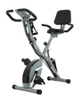 No Hassle Foldable Spin Bike For Home Gym Shredding Featuring Whisper Silent Magnetic Resistance And Plush Backrest Built Tough For Seniors Crushing 350 Pounds Quick Snap Toggle From Standard Upright To Ultimate Cozy Recline Mode side view with padded seat and handlebars.