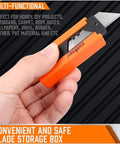 Box cutter utility knife with orange aluminum shell and retractable blade held in hand.