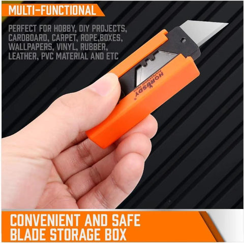 Box cutter utility knife with orange aluminum shell and retractable blade held in hand.