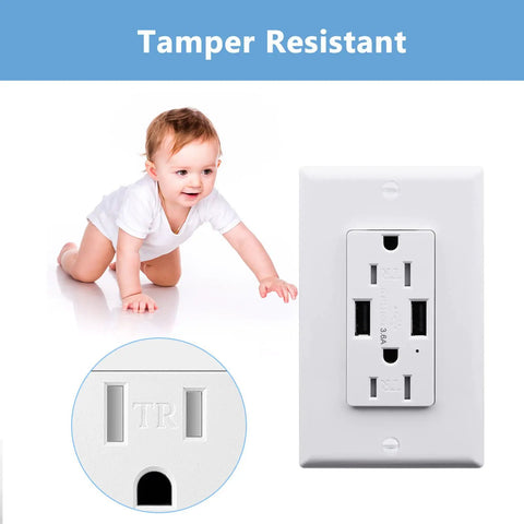 Sweet Dual Usb Wall Outlet Loaded With 3.6a Type A Charge Ports Alongside 15a Tamper Resistant Power Sockets UL Certified, with baby crawling nearby.