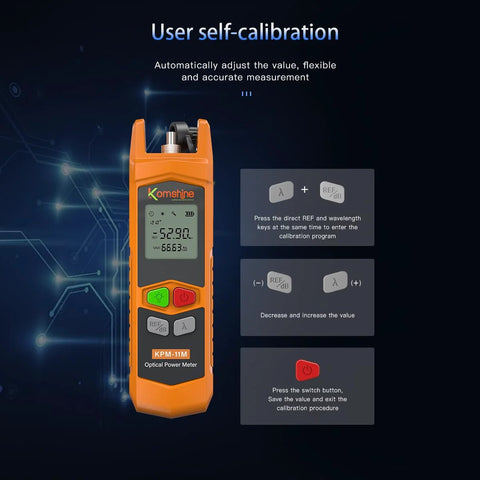Front view of orange Komshine KPM-11M optical power meter handheld tester with LCD display and colored control buttons.