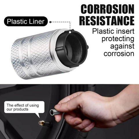 Close-up of Rugged Valve Stem Caps 5 Pack No Fuss Metal Shell With Plastic Liner Corrosion Resistant fit on car tire.