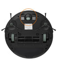 Omni wheel component on bottom of circular black robot vacuum; side drive wheels visible