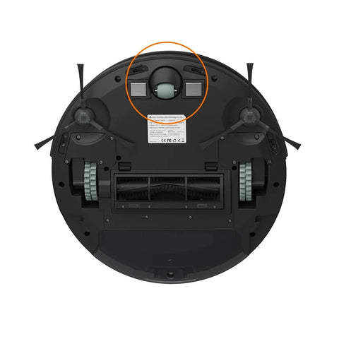 Omni wheel component on bottom of circular black robot vacuum; side drive wheels visible
