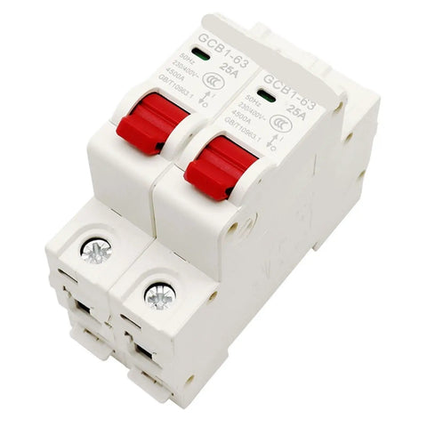 Super Rugged Manual Dual Power Transfer Switch Circuit Breaker 1P 2P with red switches, 25A, designed for garage use.