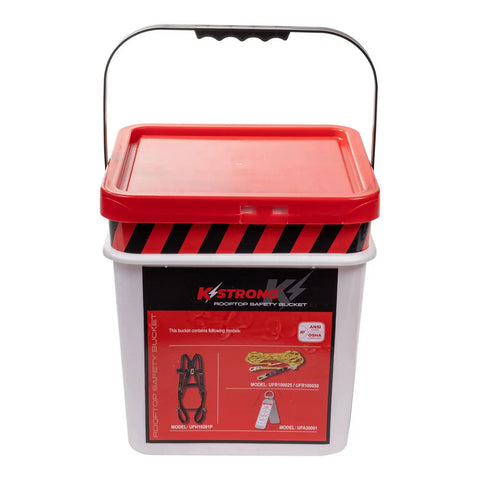 Pro Grade Roofers Kit With 5-Point Adjustable Harness Size L-XL in safety bucket with lifeline and rope grab assembly