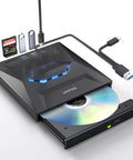 5 In 1 External Optical Drive With USB 3.0 And Type C Hub Portable CD DVD Burner And Disc Player Reads CDs And DVDs Includes USB A And USB C 2.0 Ports SD Card Slot Compatible With External Hard Drives Mice And Keyboards, black with disc tray open