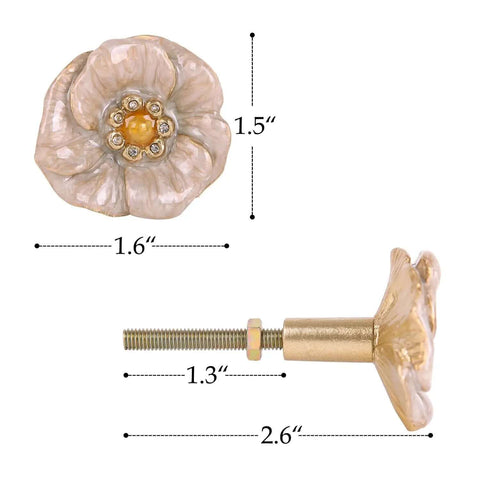Premium Zinc Alloy Cabinet Knobs 4 Pack Featuring Floral Rhinestone Inlays Rust Resistant Drawer Pulls, 1.6" floral pull design.