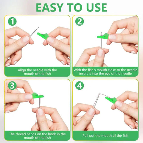 Steps showing how to use Fish Mouth Needle Threader For Sewing Machines And Hand Use Automatic Needle Threader Tool No Fuss Quick Threading Aid
