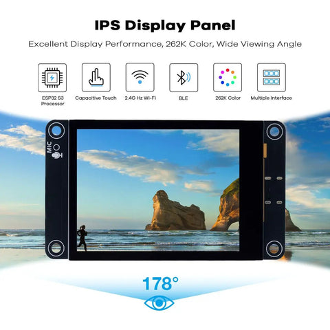 Esp32 S3 Touchscreen Module 2 Point 8 Inch Ip Lcd Display featuring Wifi Bluetooth capability, demonstrating vibrant 262K colors.