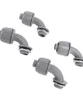 Twenty Piece Pack Of Rock Solid Ninety Degree Nylon 6 Liquid Tight Connectors For Rugged Electrical Conduit And Motor Wiring Half Inch NPT Heavy Duty Waterproof Cable Glands - four grey connectors angled for installation.
