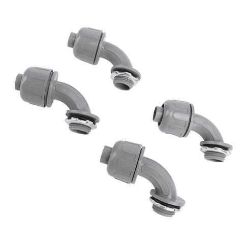 Twenty Piece Pack Of Rock Solid Ninety Degree Nylon 6 Liquid Tight Connectors For Rugged Electrical Conduit And Motor Wiring Half Inch NPT Heavy Duty Waterproof Cable Glands - four grey connectors angled for installation.