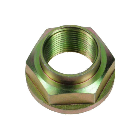Close-up of a metal axle nut compatible with the Rear Wheel Bearing And Hub Kit Set For Subaru Forester 1998 2008 Impreza 1993 2007 Legacy 1990 1999 Includes Two Rear Bearings And Two Hubs For Easy No Fuss DIY Replacement And A Quieter Smoother Ride