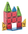 Colorful structure built with Travel Magnetic Construction Set With 26 MicroMAGS Tiles, showing bold color blocks and shapes.