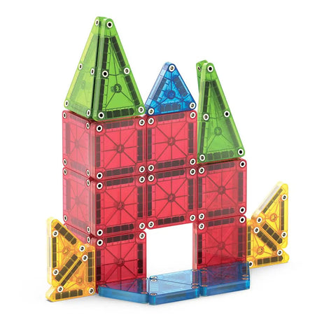 Colorful structure built with Travel Magnetic Construction Set With 26 MicroMAGS Tiles, showing bold color blocks and shapes.