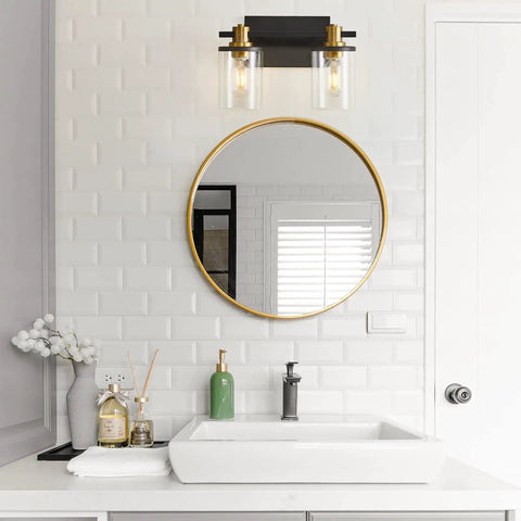 2 Light Vanity Light Fixture Black and Gold With Clear Glass Shade Matte Black Finish Brushed Gold Copper Accent Socket over mirror