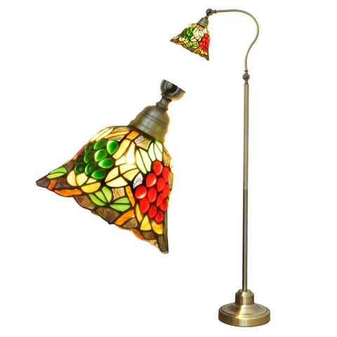 Vintage Tiffany Style Floor Lamp With Grape Stained Glass Shade Arched Gooseneck Reading Light On Bronze Pole Corner Standing Design