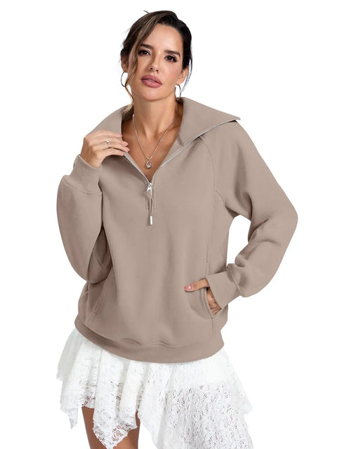 Woman wearing Oversized Fleece Lined Half Zip Sweatshirt With Pocket For Cozy Warmth And Comfort, Coffee Gray X Large Pullover.