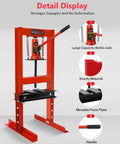 Front view of 6 Ton Hydraulic Shop Press Heavy Duty H Frame Garage Press with adjustable worktable and stamping plates.