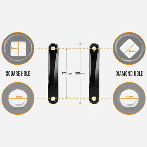 Left Crank Arm 170mm For 9/16 Inch Pedals With Diamond Or Square Hole Interface Aluminum Alloy Construction 210mm Total Length
