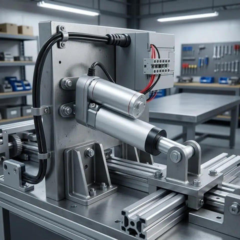 Heavy Duty 12V DC Linear Actuator Serving A Rock Solid 900 Newtons Of No Sweat Push Pull Movement With Waterproof Aluminum Housing And Mounting Brackets For Smooth Small Automation Builds, mounted on a machine.