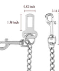 Badass Stainless Steel Dog Car Seatbelt No Chew Pet Safety Restraint Cable showing clips and chain dimensions for secure travel.