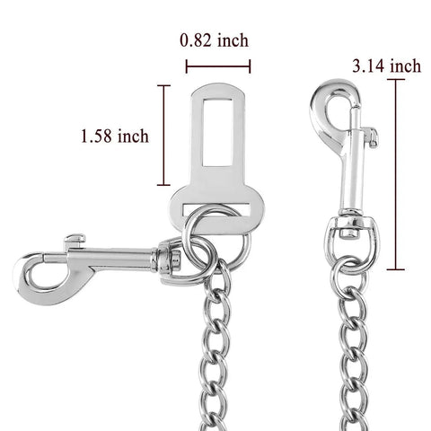 Badass Stainless Steel Dog Car Seatbelt No Chew Pet Safety Restraint Cable showing clips and chain dimensions for secure travel.