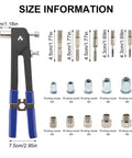 Heavy Duty Rivet Nut Tool Kit Includes Wrench Handle And Assorted Blind Nut Rivets For Car Repair Boat Building Furniture Assembly Plus Trailer Fixing Projects With Easy To Use Threaded Insert Fasteners That Make Your Work Way More Efficient. size chart with pliers and M3-M8 nozzles