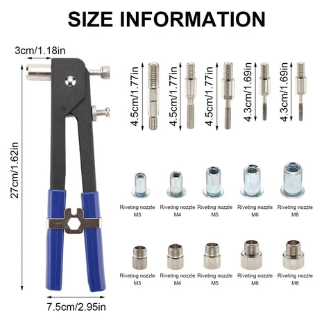 Heavy Duty Rivet Nut Tool Kit Includes Wrench Handle And Assorted Blind Nut Rivets For Car Repair Boat Building Furniture Assembly Plus Trailer Fixing Projects With Easy To Use Threaded Insert Fasteners That Make Your Work Way More Efficient. size chart with pliers and M3-M8 nozzles