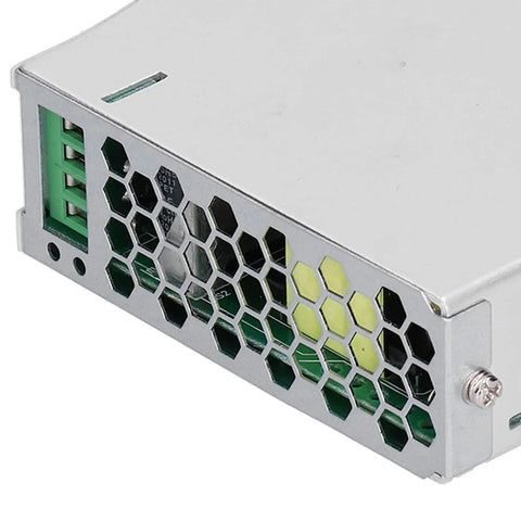 Rock Solid Rail Power Supply With Copper Transformer And Stable Voltage Adjustment For Efficient Reliable Use From AC 100 To 240V In Industrial Settings Such As Control Panels Automation And Test Benches, silver vented side view