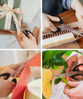 People using Boss All Purpose Kitchen Scissors 3 Pack Set for Poultry Fish and Vegetables in various tasks like cutting ribbon and plants