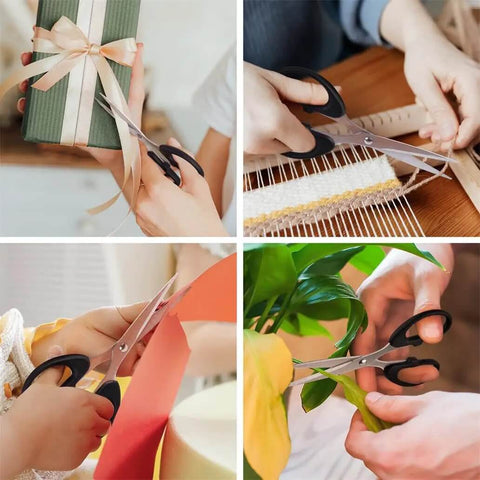People using Boss All Purpose Kitchen Scissors 3 Pack Set for Poultry Fish and Vegetables in various tasks like cutting ribbon and plants