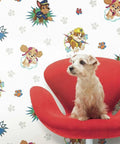 Kids Room Wallpaper Peel And Stick Paw Patrol Theme Blue And Red Removable Repositionable No Mess 18 Inch Wide Roll Covers About 28 Sq Feet Easy DIY Decor Upgrade For Little Fans with dog on red chair