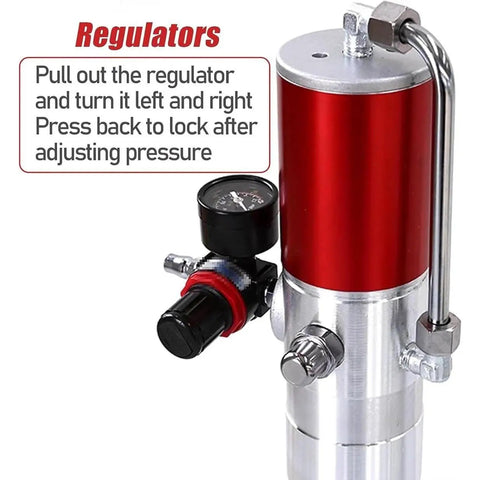 Shop Grade Air Operated Grease Pump For 55 Gallon Drums showcases the regulator with adjustment pressure gauge detail.