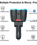 Ultimate 5 In 1 Cigarette Lighter Splitter With Usb C And Dual Usb Ports Quick Charge Car Adapter showing safety features and fuse information.