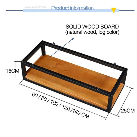 Industrial Wood And Iron Ceiling Hanging Shelf For Plants And Kitchen Storage Floating Guardrail Shelf With Heavy Duty Build Durable Overhead Rack For Bar Cellar Garage Or Restaurant Use 140x25x15 cm, front view on white background, solid wood board with metal frame