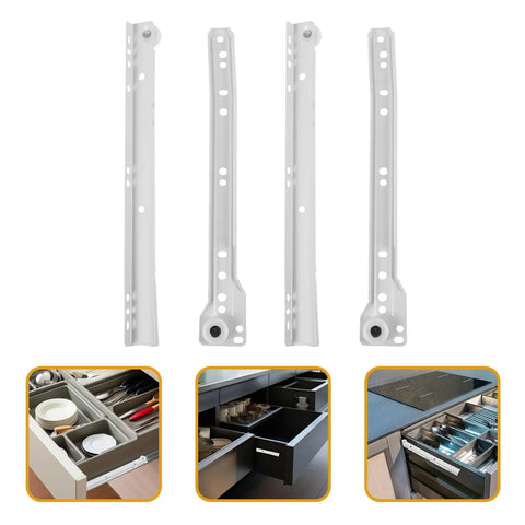 Steel drawer slides with roller wheels for smooth operation and easy installation, shown with installed kitchen drawers.