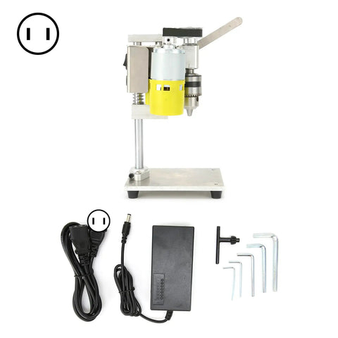 Hilitand Mini Benchtop Drill Press With 1000-4500Rpm Adjustable Speed Aluminum Alloy Body and accessory tools on a table.