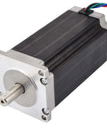 Stepper motor (NEMA 23) with silver front flange, black ribbed housing, wired leads.