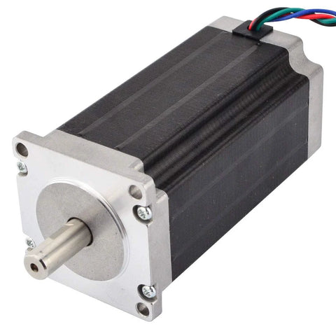 Stepper motor (NEMA 23) with silver front flange, black ribbed housing, wired leads.