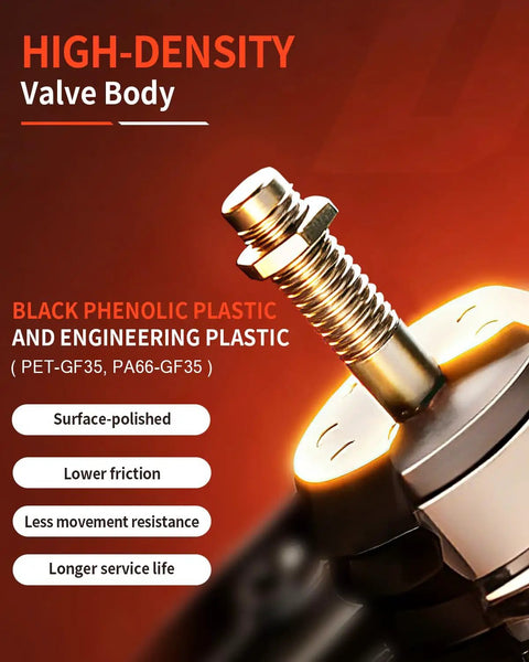 High-density valve body made of black phenolic plastic, designed for smooth braking in Cadillac Escalade & Chevrolet Silverado.