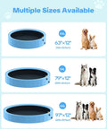 Comparison of blue foldable dog pools with sizes 63x12, 79 Inch Foldable Dog Pool With Sprinkler For Big Pups, and 97x12, showing different dog breeds.